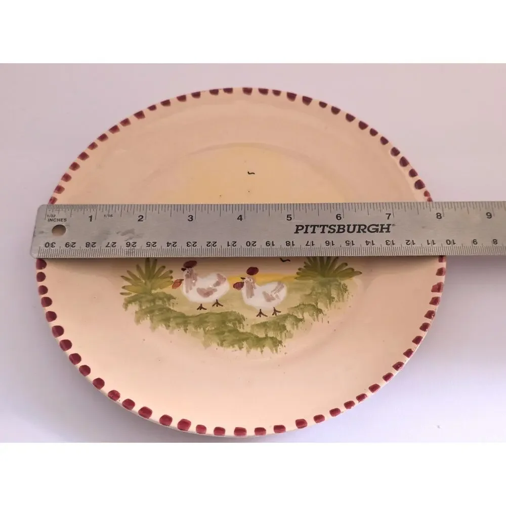 Vintage Handmade Hand Painted Art Pottery Plates Set 2 Raised Sheep Chicken Farm